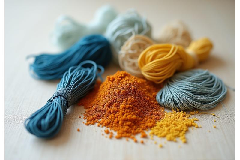 リサイクルされた海洋プラスチック繊維と天然染料のサンプル、和紙のような質感を背景に