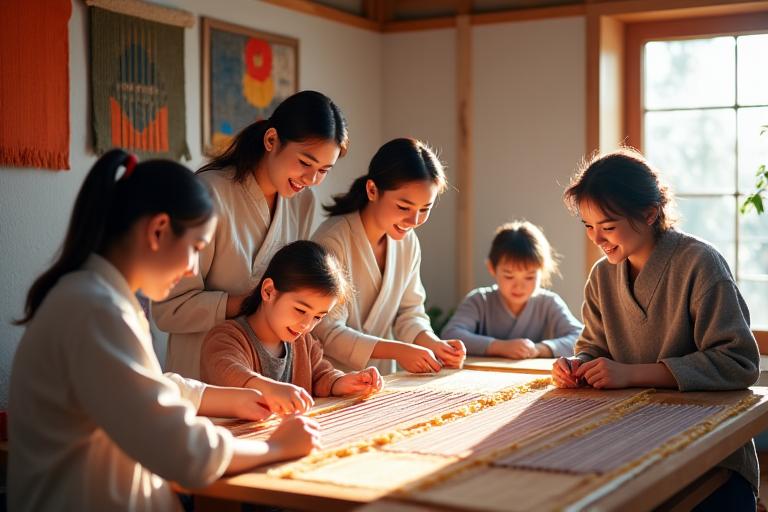 笑顔の家族が、職人の指導のもとで協力して大きな織物を作っている。