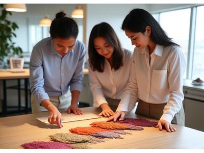 現代的なオフィスで、様々なテキスタイルサンプルを囲んで話し合うビジネスパーソンたち