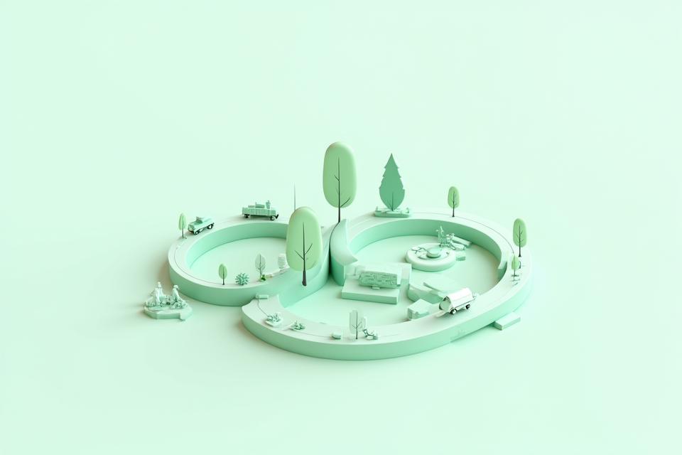 製品のライフサイクルアセスメント（LCA）を示唆する、原料採取から廃棄までの循環を視覚化したインフォグラフィック