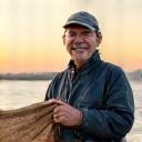 笑顔で漁網を持つ漁師、健介さん