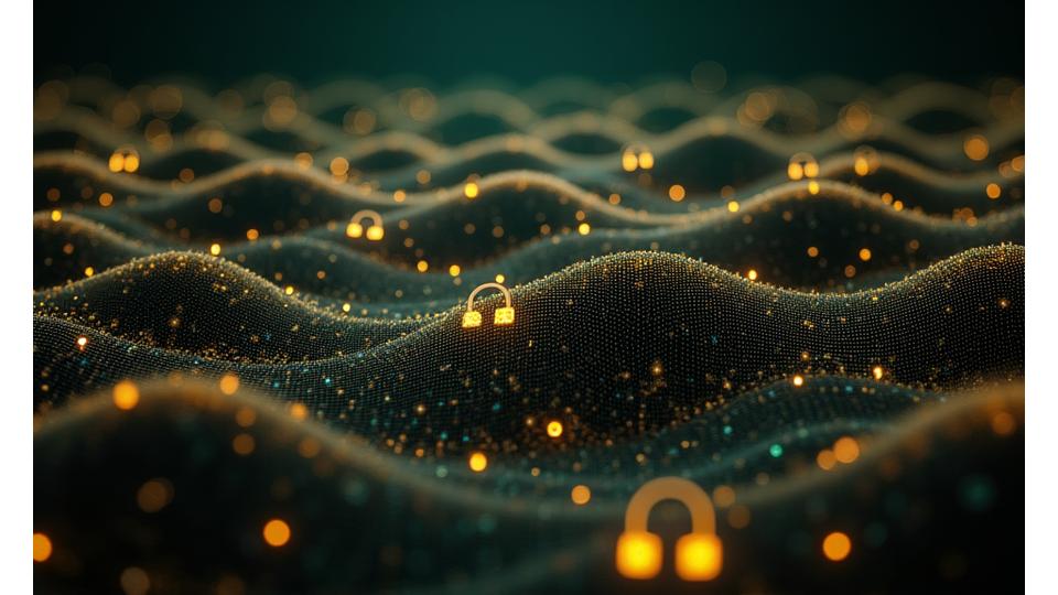 日本の伝統的な網の目を模したデジタルセキュリティネットワークの視覚化