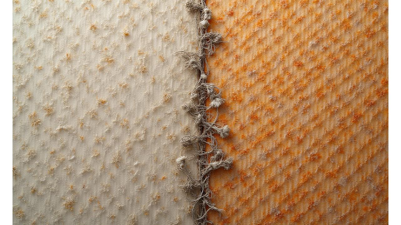 修復前と修復後の歴史的漁網の比較画像。左半分は破損し色褪せた状態、右半分は丁寧に修復され元の輝きを取り戻した状態。